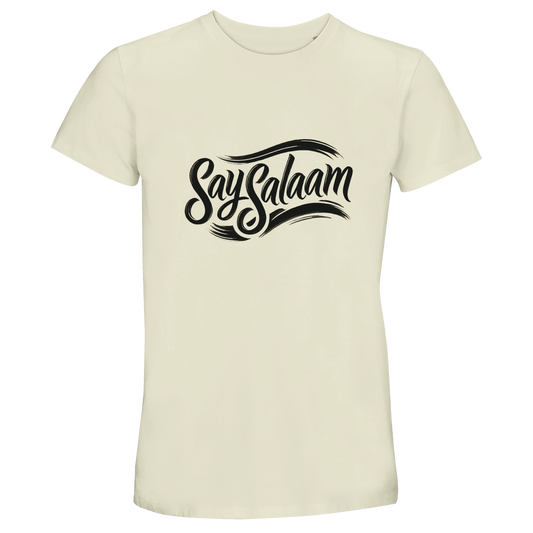 Say Salaam Classic 50% Recycled Unisex Cotton T-Shirt in Natural, a soft beige tone similar to satin linen with warm neutral undertones. Finished with contrasting black Say Salaam script logo across the chest. Short-sleeve crew neck silhouette made from 35% cotton, 50% recycled cotton and 15% viscose for comfort and drape. This versatile unisex tee pairs effortlessly with denim, joggers and modest outfits, offering sustainable streetwear styling for football culture and everyday expression.