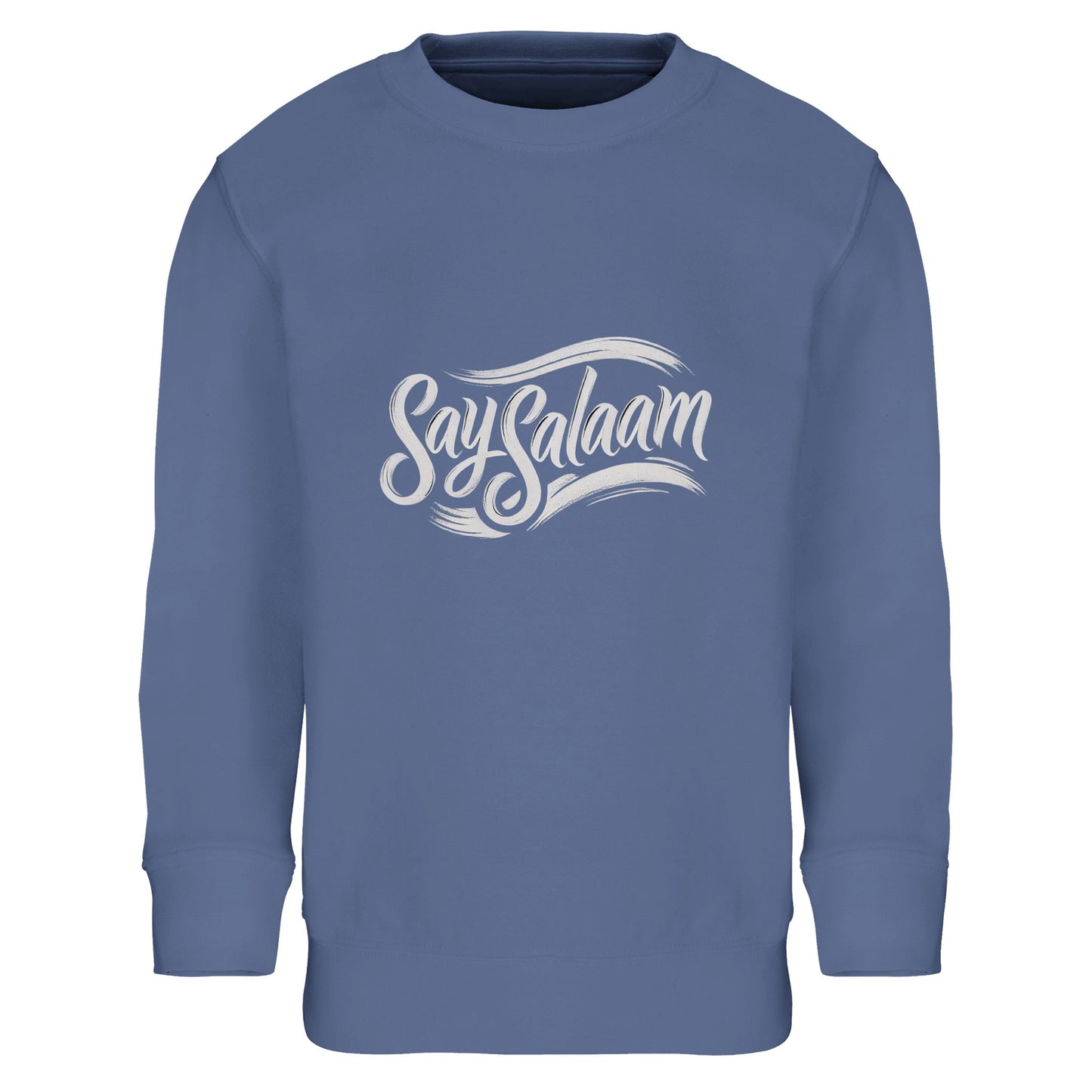 Say Salaam Classic Part-Recycled Cotton-Poly Kids Sweatshirt in Blue, a classic mid blue shade with subtle marble blue influence. Finished with white chest logo detailing. Made from an 80% cotton and 20% recycled polyester blend with soft brushed fleece interior. Ribbed trims enhance durability for active school days, sports clubs and faith-inspired everyday children’s fashion.