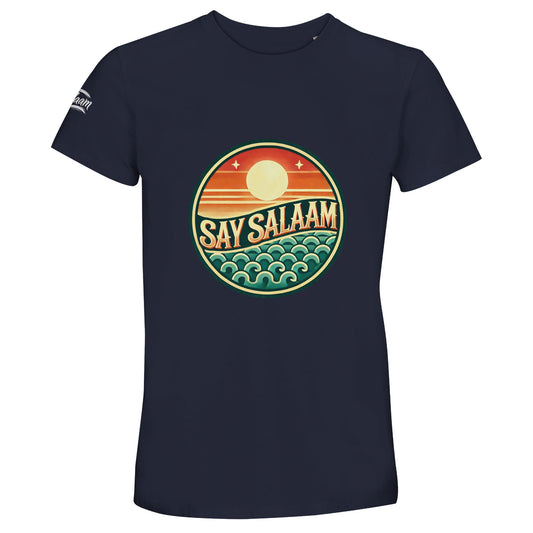 Say Salaam Sunset Glow 50% Recycled Unisex Cotton T-Shirt in French Navy, a deep navy tone close to ebony clay with rich midnight undertones. The warm sunset badge glows against the dark base, combining layered horizon stripes and stylised ocean waves in vintage-inspired colourways. Crafted from 100% cotton using 50% recycled cotton fibres for breathable durability. A versatile crew neck tee suited to football supporters, casual Friday wear and modest everyday fashion.