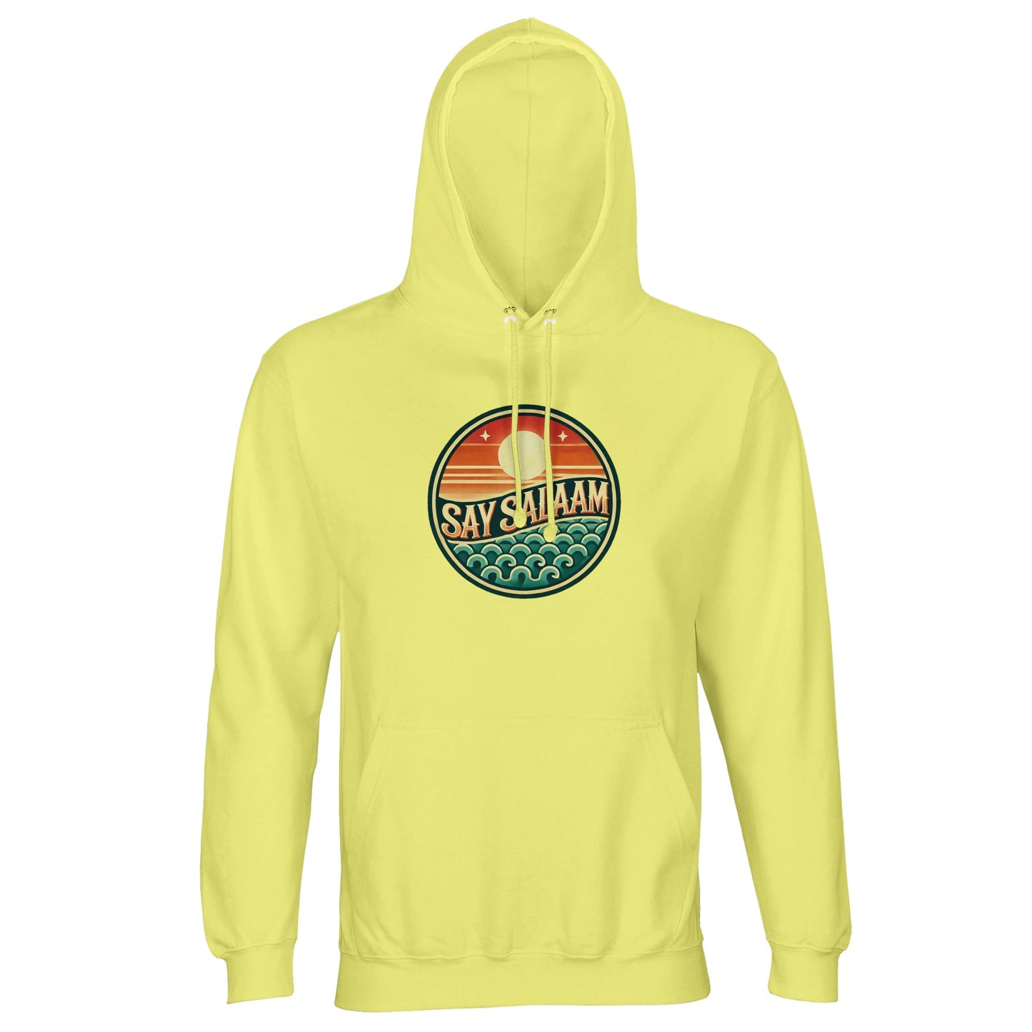Say Salaam Sunset Glow Part-Recycled Unisex Cotton-Poly Hoodie in Light Yellow, a soft pastel tone similar to lemon chiffon with gentle sunny brightness. The circular sunset badge stands out vividly against the pale base, combining warm sun gradients and cool ocean wave graphics. Constructed from 80% cotton and 20% recycled polyester, GRS certified, with brushed fleece interior and durable 280gsm weight. Ideal for football culture, youth styling and modest everyday wear.