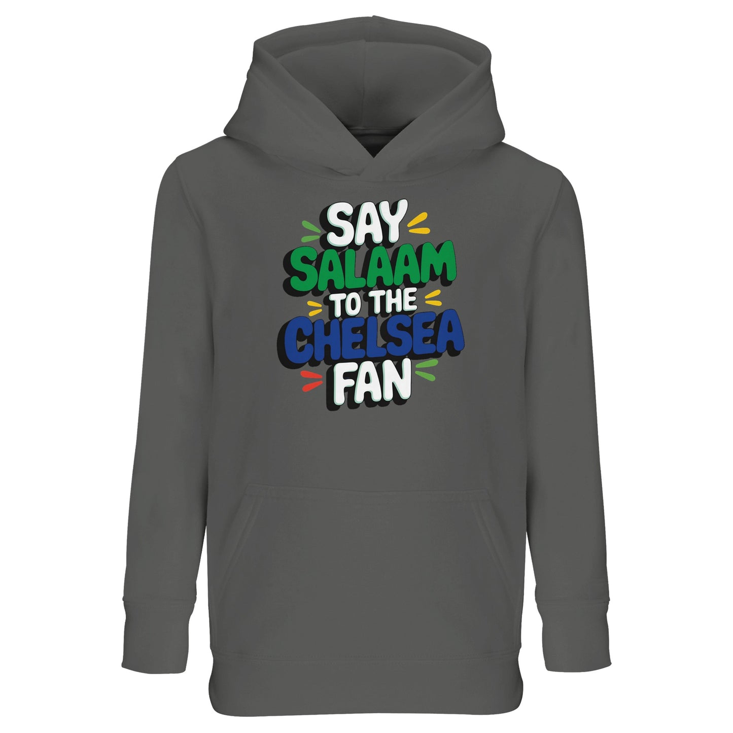 Grey Melange / Heather Grey kids hoodie displaying the lively Say Salaam to the Chelsea Fan artwork. Blending Muslim identity with football culture, this warm and comfortable hoodie suits school, casual wear and cooler evenings. Soft texture and dependable fit offer high quality at a cheap price shoppers look for. Durable stitching ensures it stands up to everyday use. A thoughtful Eid or Supporters Group present for young Chelsea FC fans.