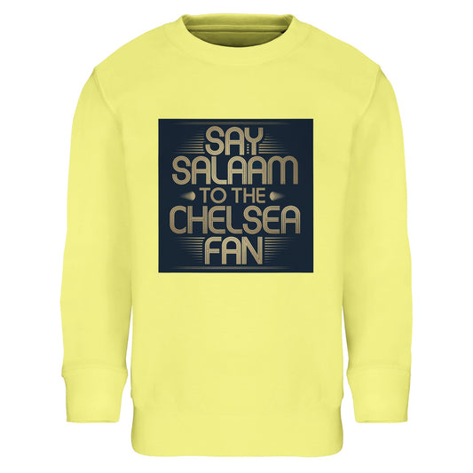 Light Yellow / Lemon Chiffon kids sweatshirt showcasing the Say Salaam to the Chelsea Fan graphic in a cheerful tone. Designed for Muslim football fans who want standout colour with cosy comfort. Warm brushed fleece lining and snug ribbed fit make it ideal for school and stadium days. Durable and soft with a high quality feel at an affordable price. A thoughtful Eid or Supporters Group gift for young Chelsea FC supporters.