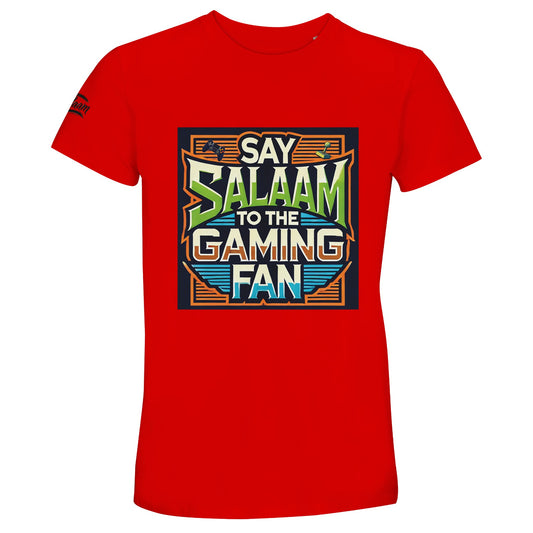 Bright Red / Rosso Corsa Say Salaam to the Gaming Fan Design #1 50% Recycled Unisex Cotton T-Shirt with vibrant retro vintage gaming lettering and console graphic. Perfect for Muslim gamers managing five prayers a day while competing in multiplayer matches, online tournaments and console battles. Breathable recycled cotton tee suited for esports culture, gaming nights and modest Muslim apparel ranges.