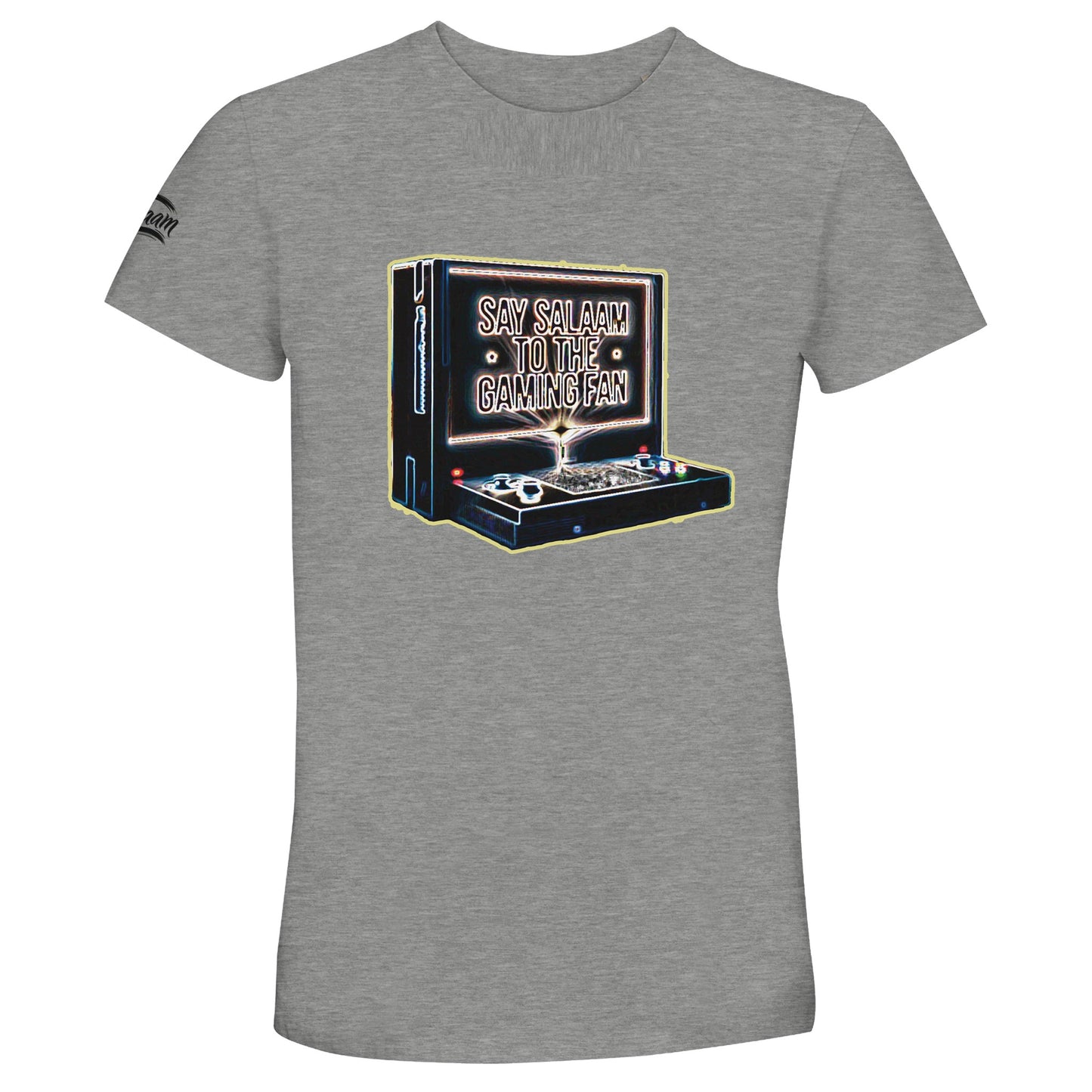 Say Salaam to the Gaming Fan Design 3 50% Recycled Unisex Cotton T-Shirt in Grey Melange / Heather Grey / Marl Grey / Classic Athletic Grey Blend. Vintage retro gaming console artwork with detailed print for Muslim and Islamic gamers who love online co-op, streaming and console culture. Soft sustainable crew neck tee in recycled cotton blend, perfect for esports events, LAN parties, casual everyday wear and gaming lifestyle fashion.