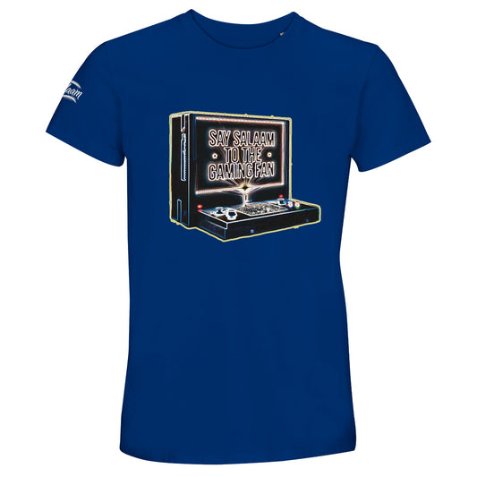 Say Salaam to the Gaming Fan Design 3 50% Recycled Unisex Cotton T-Shirt in Royal Blue / Dark Midnight Blue. Vintage retro gaming console print with bold graphic detail, designed for Muslim and Islamic gamers who enjoy competitive online play, FIFA leagues and Call of Duty nights. Soft crew neck tee in recycled cotton blend, ideal for esports tournaments, gaming conventions, casual street style and everyday gaming culture wear.