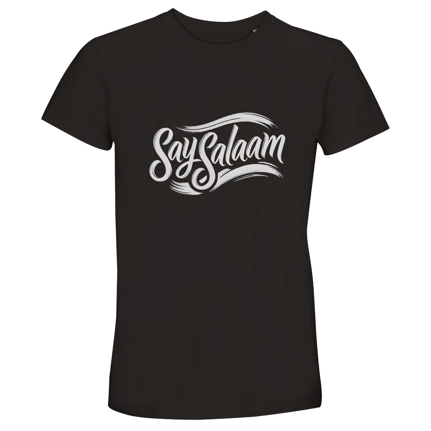 Deep Black / Zeus Say Salaam Classic 50% Recycled Unisex Cotton T-Shirt (dark) in a strong monochrome base with vintage retro Say Salaam flowing script logo at centre chest. Unisex short-sleeve crew neck designed for everyday Muslim wear, reflecting five daily salah rhythm and five pillars meaning. Minimalist Islamic graphic tee suited to men and women within the global Muslim community who appreciate subtle faith-based streetwear style.