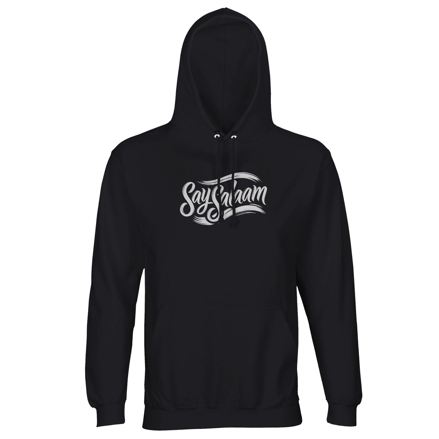Say Salaam Classic Part-Recycled Unisex Cotton-Poly Hoodie – Deep Black / Zeus featuring the Say Salaam brand mark in clean white. This plain and simple hooded pullover suits modest clothing lovers, streetwear fans, and anyone who prefers timeless, understated winter fashion. Made for cooler months and casual days, it's a great Eid, Ramadan, birthday, wedding or colleague Christmas gift for those into Islamic brands, stylish hooded basics, or everyday ethical wear that fits the Muslim wardrobe.