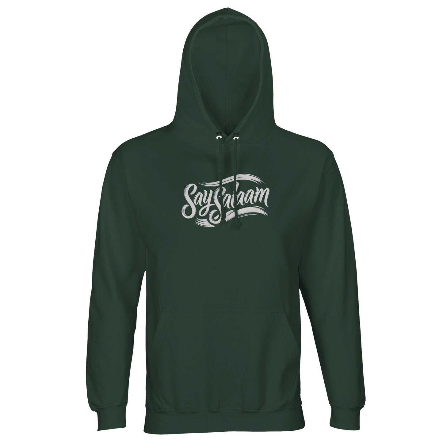 Say Salaam Classic Part-Recycled Unisex Cotton-Poly Hoodie – Bottle Green / Outer Space featuring the Say Salaam brand logo in white script. A deep-toned, plain pullover for simple winter clothing, modest layering, and everyday faithwear. Perfect for Friday prayer, uni days, or running errands. This hooded top is a clean gift idea for Muslim men or women who love Islamic brands, ethical fashion, or quiet style that carries meaning. Say a stylish assalam alaikum to the world like interfaith fashion.