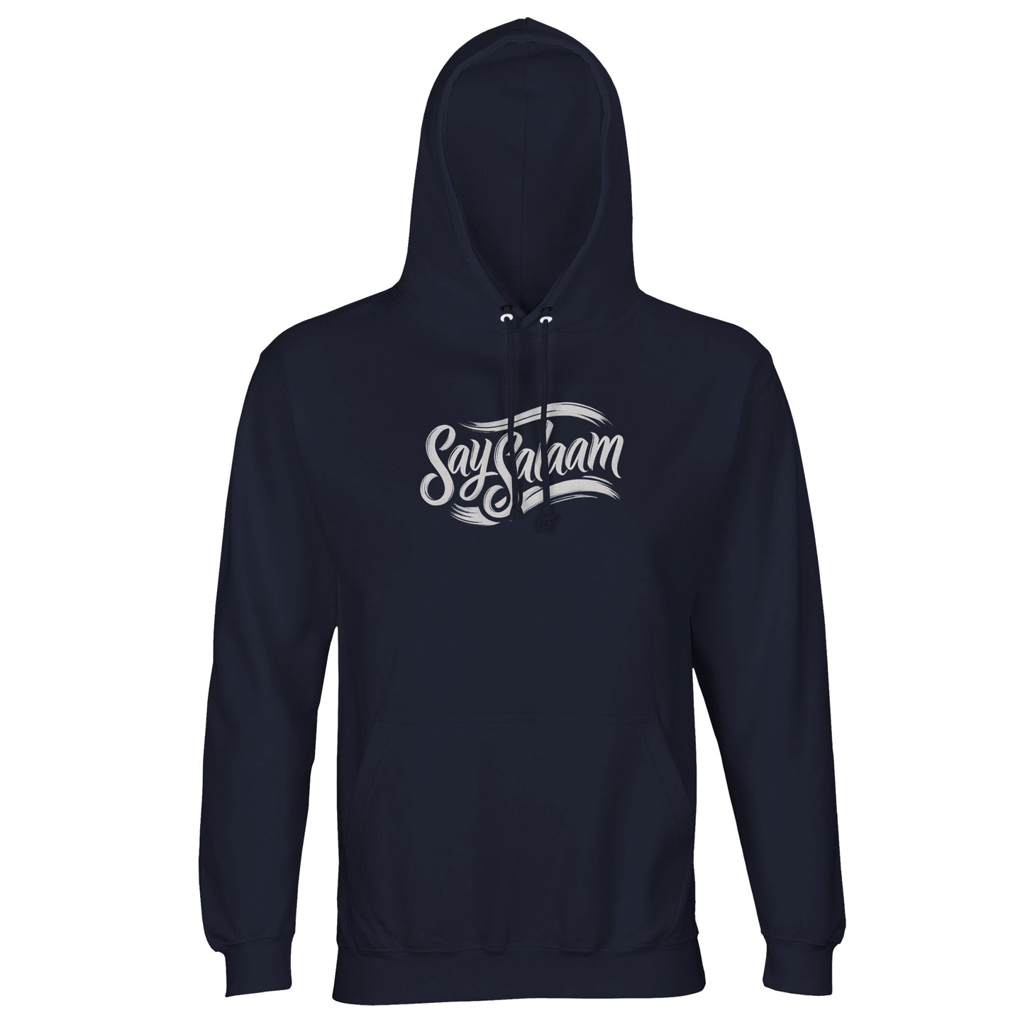 Say Salaam Classic Part-Recycled Unisex Cotton-Poly Hoodie – French Navy / Ebony Clay featuring the Say Salaam brand logo in white script. A classic, plain hooded top for modest winter clothing and simple Islamic streetwear. Soft, wearable and versatile, this makes a stylish Eid, birthday or Xmas gift for Muslim friends, siblings or spouses. Ideal for cold evenings, city layering, Sunday slowdowns or to wear anywhere. Say assalamualaikum with understated design, real warmth, and ethical brand energy.