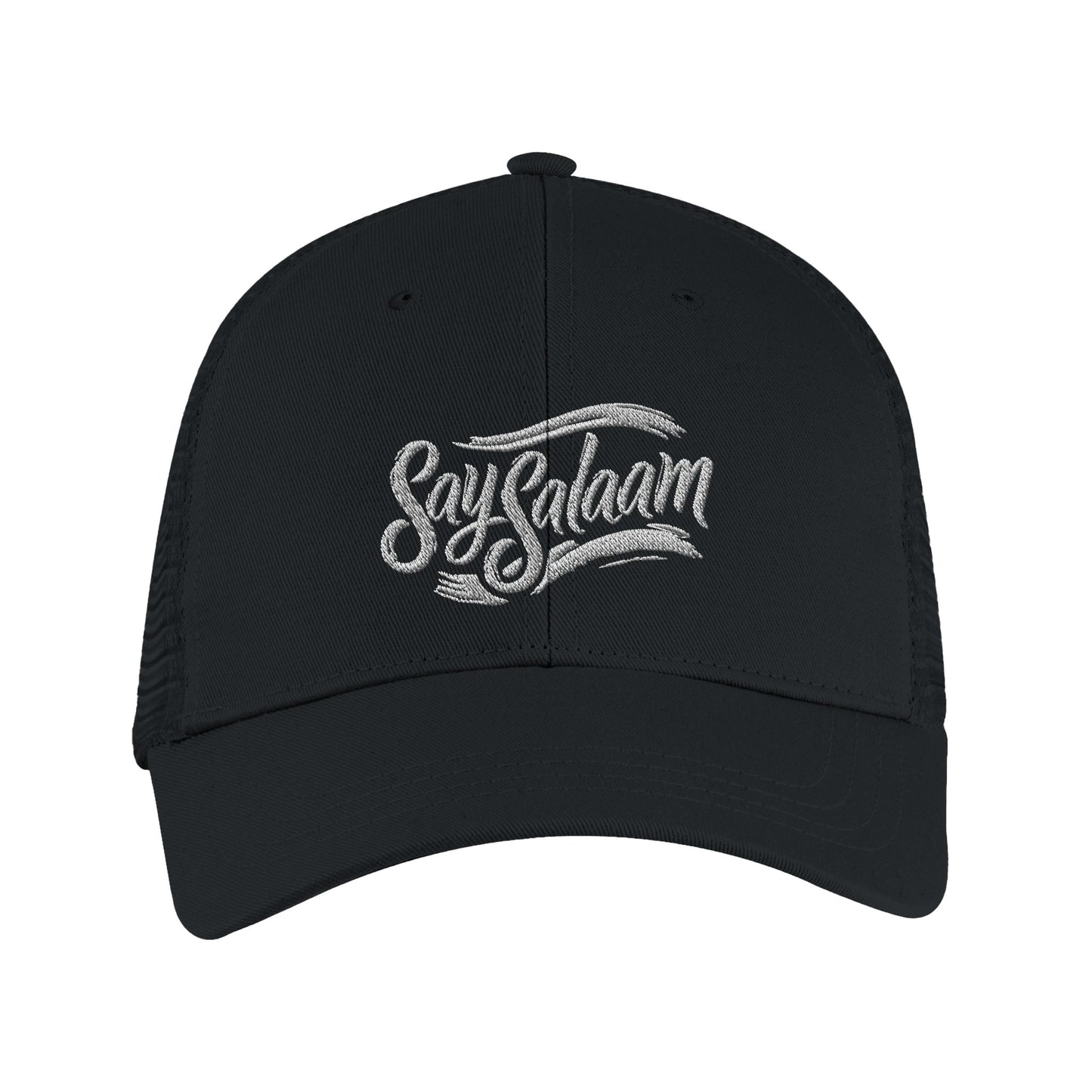 Say Salaam Classic Recycled Cap in Black featuring tonal embroidered Say Salaam script on a classic six-panel silhouette with curved peak. Produced using 100% GRS certified recycled polyester with breathable recycled mesh rear panels for all-day wear. Snapback size adjuster allows a comfortable, adaptable fit. A sustainable, minimalist cap designed for modest fashion, casual clothing, travel days, gifting, and everyday wear, streetwear look, neutral outfits, and essential wardrobe pieces with a clean finish