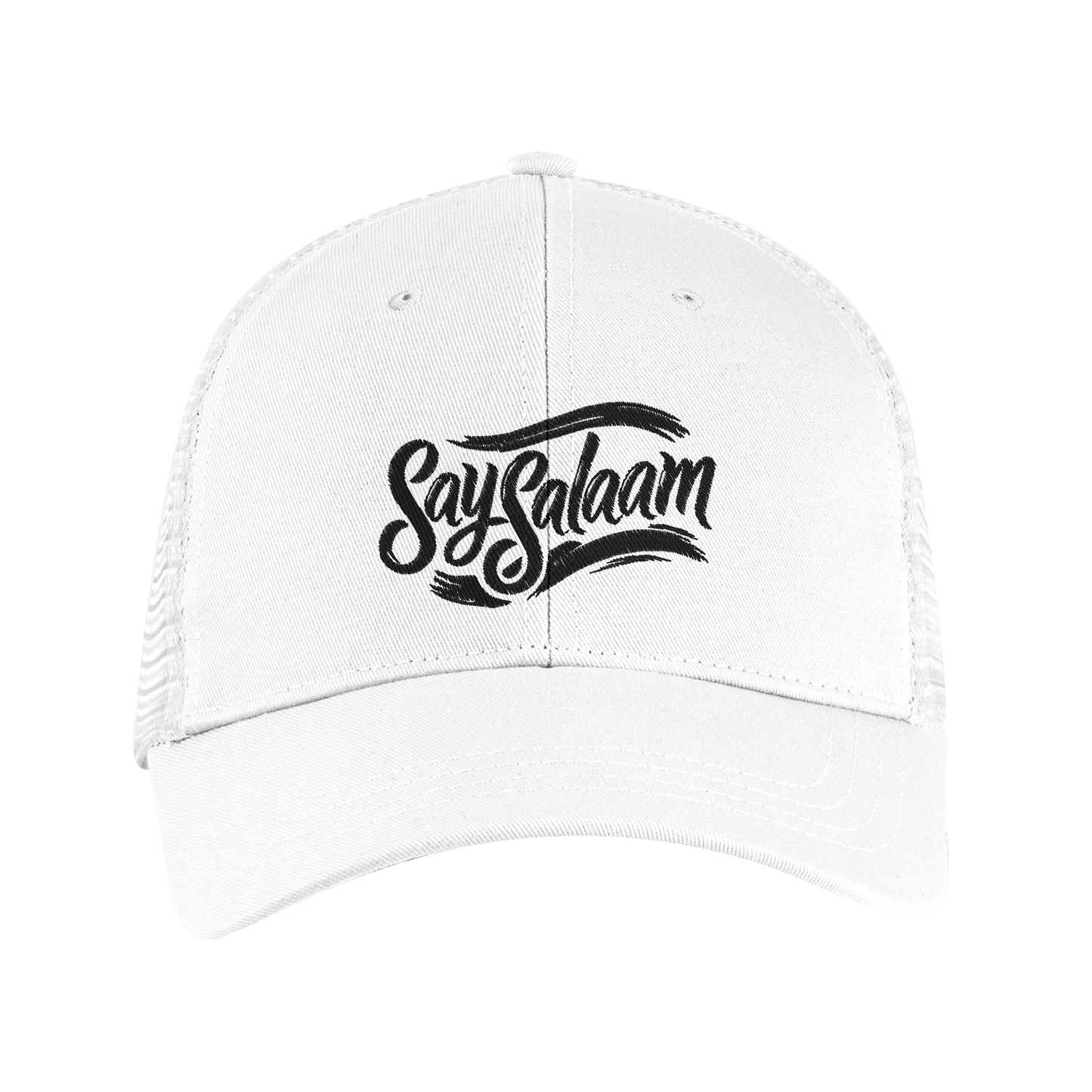 Say Salaam Classic Recycled Cap (light) – White / Platinum featuring embroidered ‘Say Salaam’ script across a curved front. Crafted from certified recycled polyester, this trucker-style cap combines environmental awareness with everyday modest streetwear. The six-panel design and breathable mesh back deliver cool comfort during sunny matchdays or casual walks to prayer. With a pre-curved peak and adjustable snapback closure, this unisex cap fits most head sizes - for Muslims who keep their Salaam visible.
