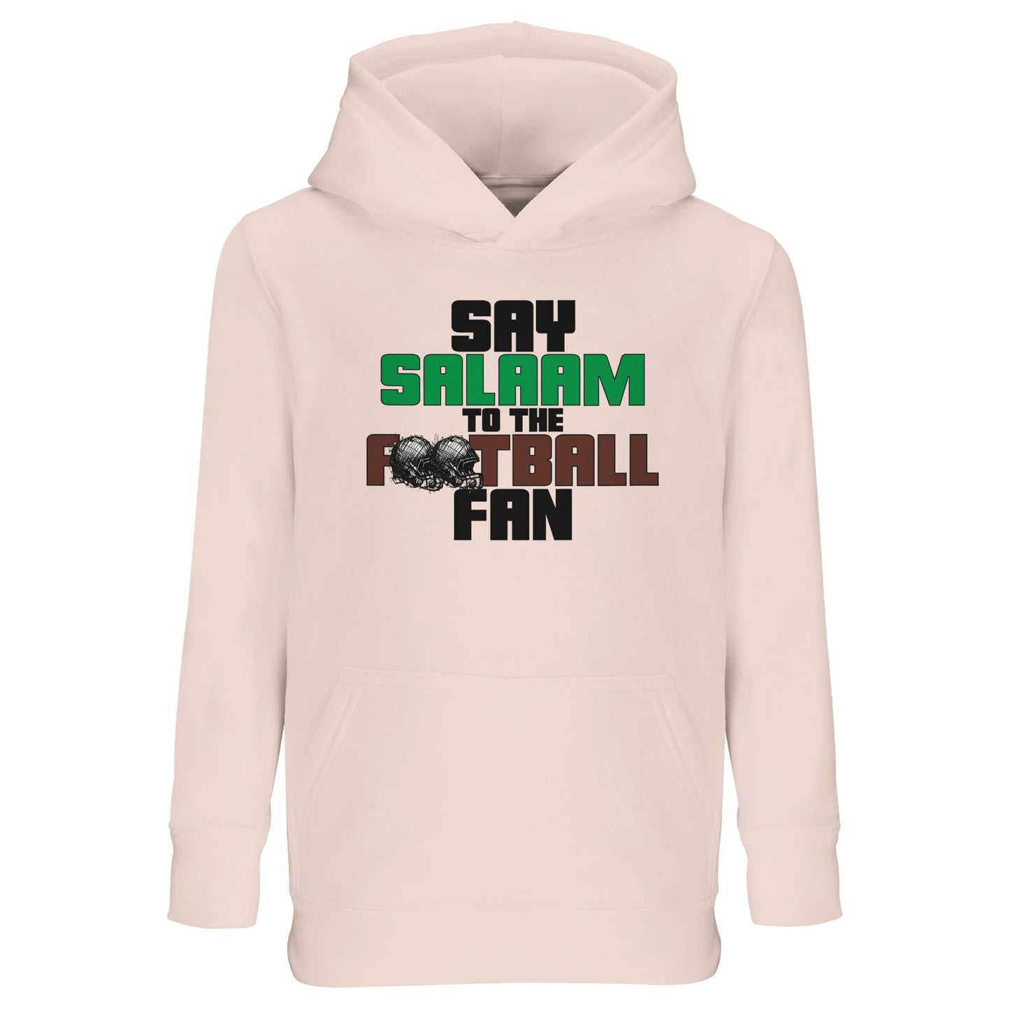 Say Salaam to the American Football Fan Original Part-Recycled Cotton-Poly Kids Hoodie – Creamy Pink / Oyster Pink featuring bold, text-based design in Black, La Salle Green and American Football Leather Brown — with sketch-style gridiron helmets. A faith-friendly, modest hooded top Eid present for young fans following fantasy football leagues, college football games, NFL scores, wide receiver stats, and sports clips. Perfect for children’s game-day outfits, sports-themed gifts and throwing NFL balls.
