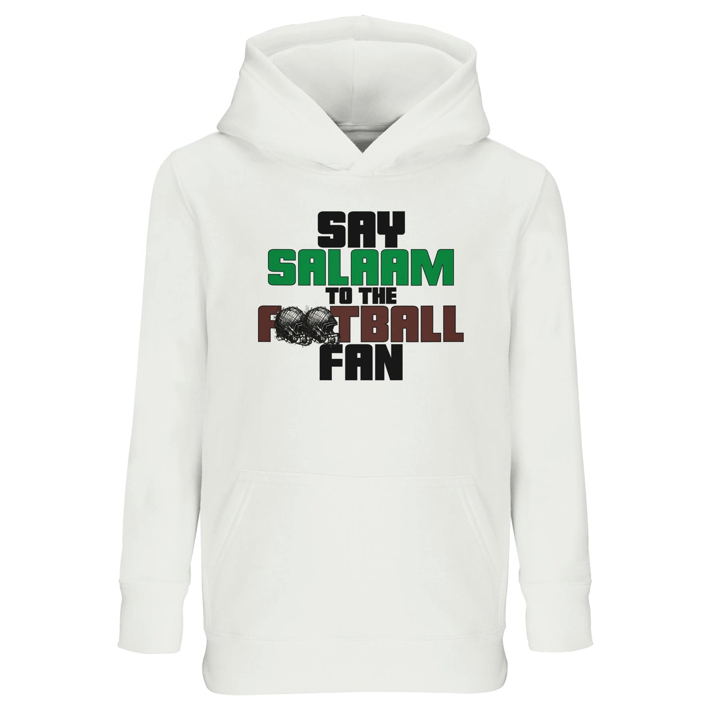 Hoodie – White / Platinum featuring bold, text-based design in Black, La Salle Green and American Football Leather Brown — with sketch-style helmets replacing the O’s in FOOTBALL for a classic NFL look. A sustainable, modest hooded top for children who love fantasy football, college football, NFL scores, wide receiver highlights, and sports clips. Perfect for game-day outfits, sports-themed gifts and throwing NFL balls.