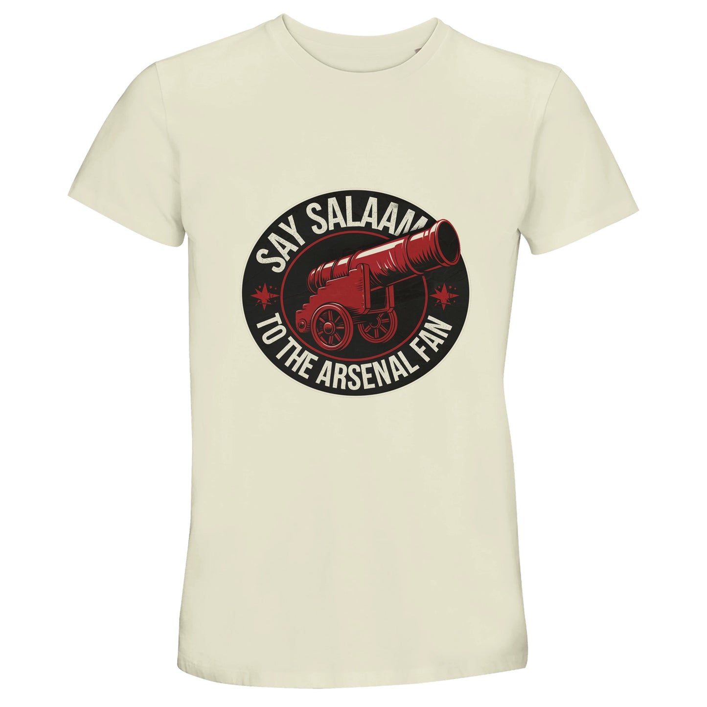 Say Salaam to the Arsenal Fan Design #1 50% Recycled Unisex Cotton T-Shirt – Natural / Moon Mist with striking black and red lettering that mirrors the club’s heartbeat. Crafted for lasting softness, this neutral-toned tee suits prayer intervals, café catch-ups, and fixture streams alike. A refined streetwear staple for modest AFC supporters blending sustainability with faith and fandom, it carries Emirates spirit into everyday life while reflecting mindful, planet-friendly design values across the terraces