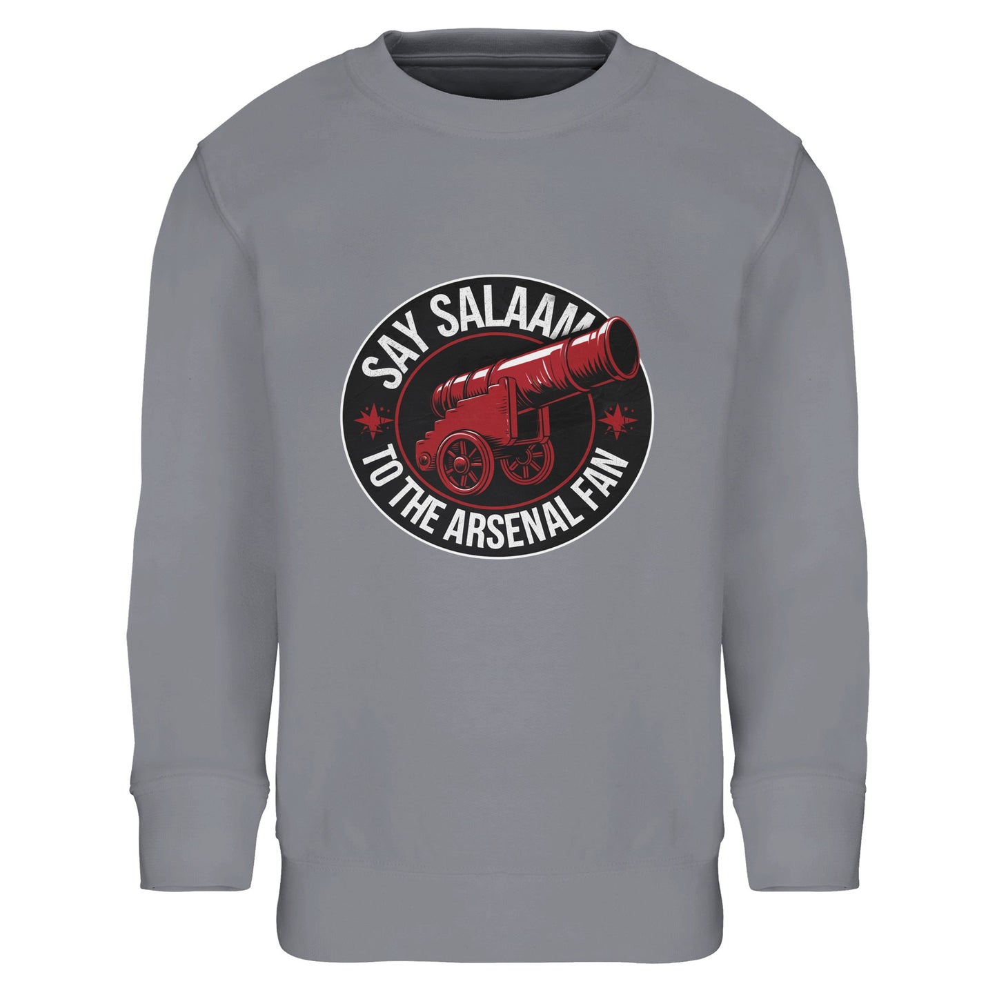 Say Salaam to the Arsenal Fan Design #1 Part-Recycled Cotton-Poly Kids Sweatshirt – Grey Melange / Classic Athletic Grey Blend featuring strong collegiate lettering and a vintage cannon crest. A brushed fleece jumper for young Arsenal fans tracking live scores, fixtures, and W.F.C. standings. Designed from a recycled cotton-poly blend for warmth and flexibility, it’s a shop direct eco kit essential for faithful Gunners — equal parts heritage and comfort.