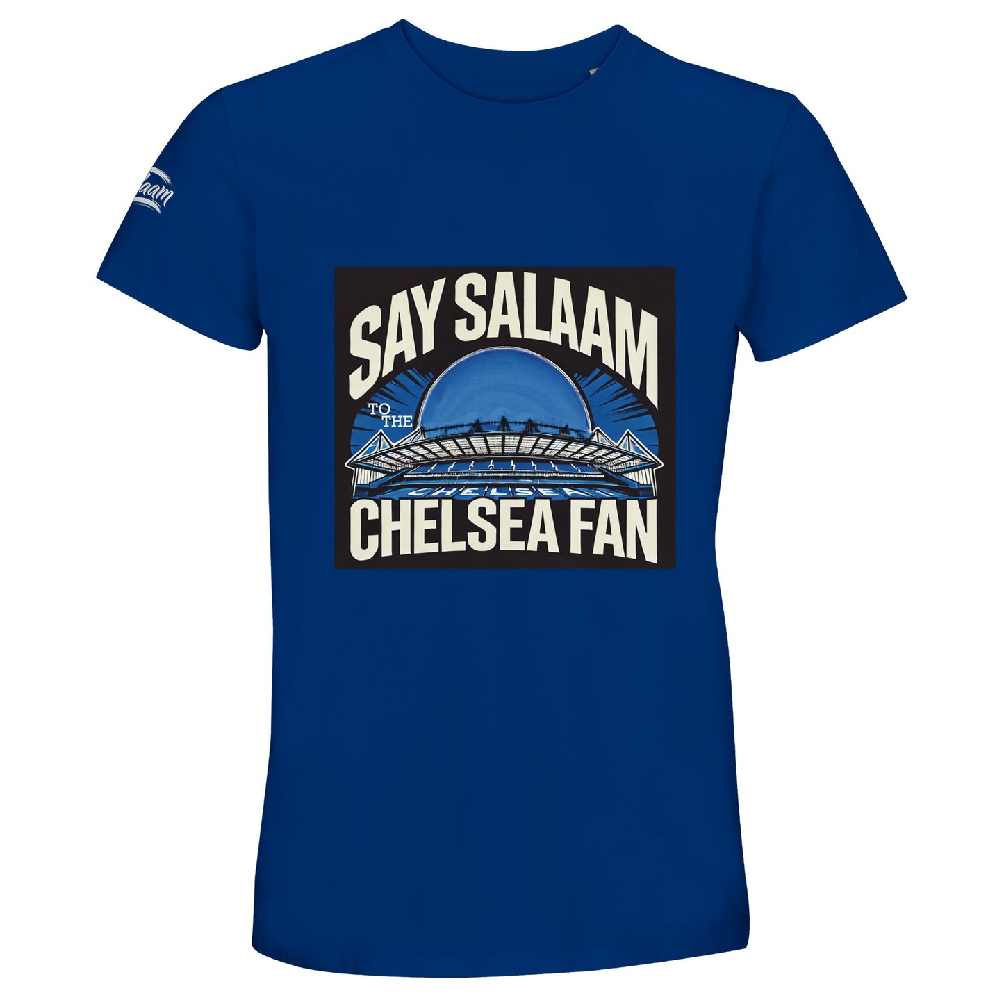 Say Salaam to the Chelsea Fan Design #1 Unisex T-Shirt – Royal Blue / Dark Midnight Blue featuring Stamford Bridge’s soft cream silhouette and a proud deep blue backing. A streetwear staple for Chelsea fans raised on Soccer Saturday, Reddit streams, or catchy chants. Sustainable cotton with a modest fit for Muslim football followers who live for matchday memories and graphic tees. Show an Islamic slogan in colour – and keep your team close, always. Wearable sleeveless top for adults who show their support.