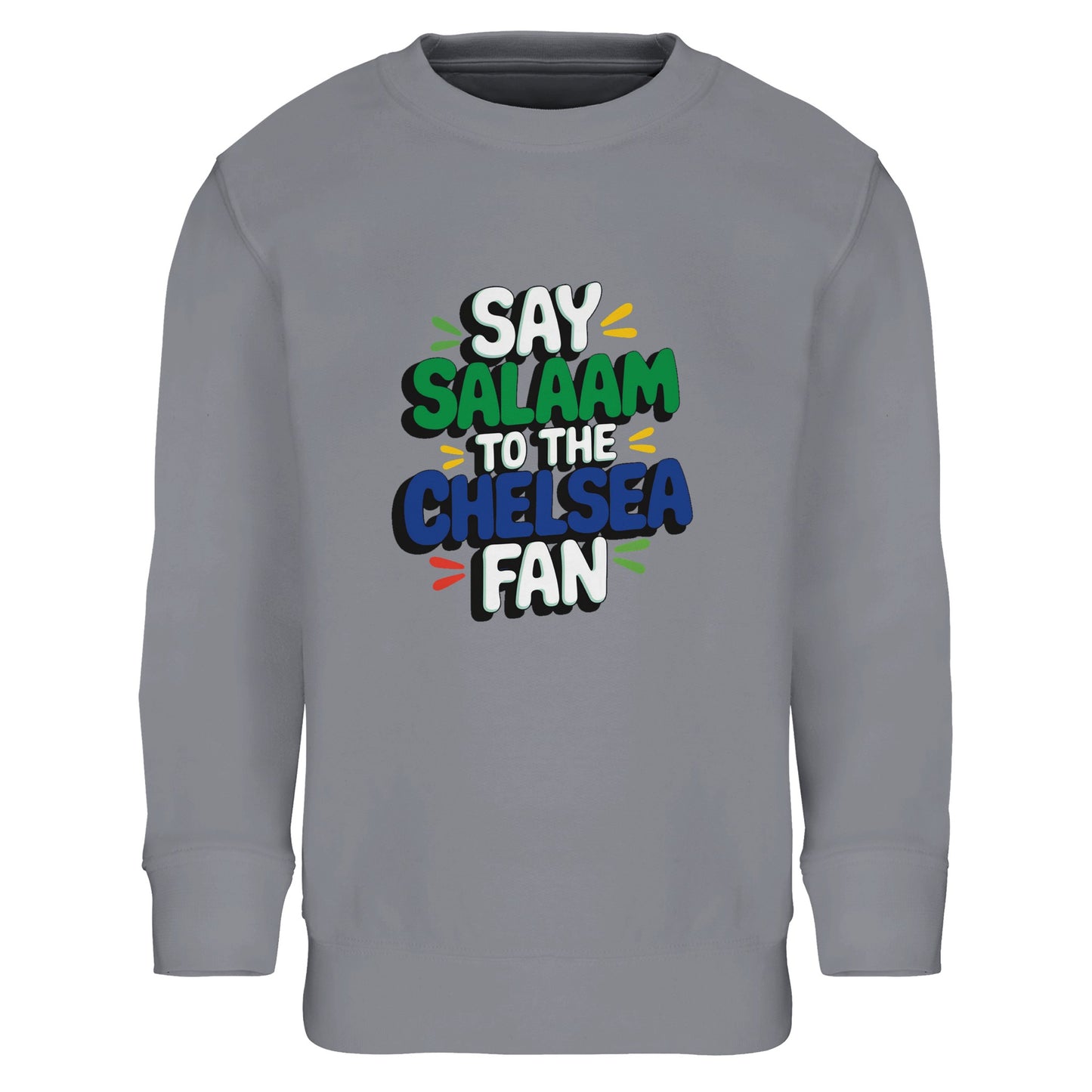 Say Salaam to the Chelsea Fan Design #2 kids sweatshirt featuring bold stacked lettering that stands out cleanly against a soft grey melange base. This cotton-poly jumper is ideal for young Chelsea supporters who enjoy football culture, Muslim wear, and versatile everyday clothing. Suitable for ages four to fourteen, it’s easy to wear to school, match days, relaxed weekends, or watching games at home. A cosy, modest football sweatshirt that balances comfort, neutrality, and club pride while saying Salaam.