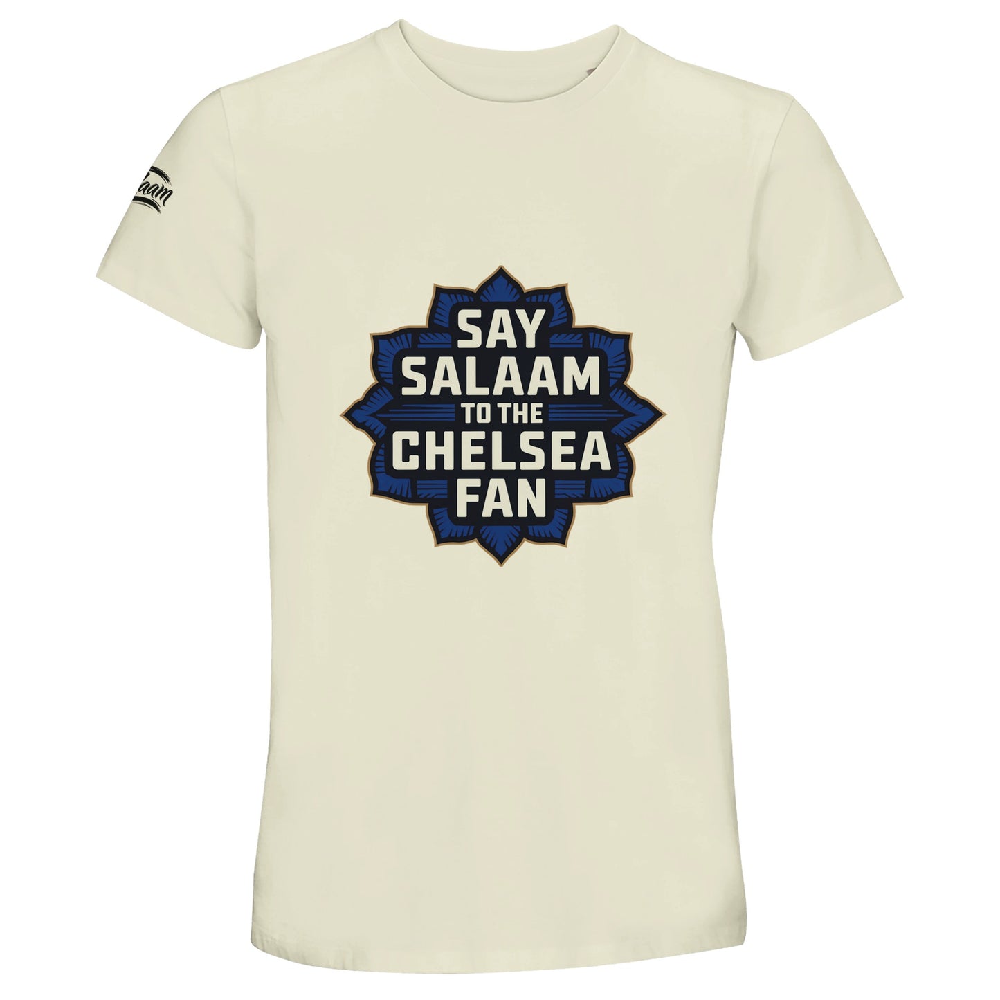 Say Salaam to the Chelsea Fan Design #4 50% Recycled Unisex Cotton T-Shirt – Natural / Moon Mist / Satin Linen with classic gold lettering inside a solid navy square. This breathable, badge-free tee is for Muslim Chelsea supporters who pray, chant, stay loyal to Stamford Bridge, and prefer faith-friendly, eco-minded and affordable gear. Crafted from half recycled cotton, it’s streetwear that skips official logos in favour of sponsor-free style – modest, matchday-ready and made for footie lovers with values.