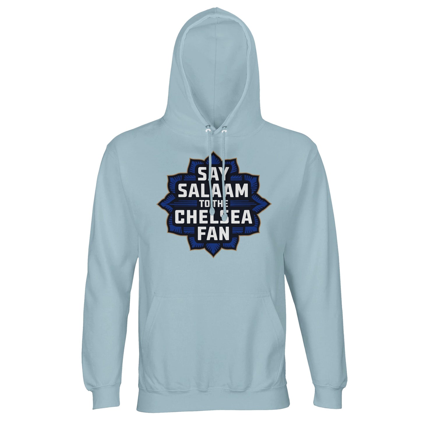 Say Salaam to the Chelsea Fan Design #4 Part-Recycled Cotton-Poly Unisex Hoodie (light) – Creamy Blue / Sky Grey with a rich navy badge and gold wording in stacked lettering. Modest and recycled, this Chelsea hooded sweatshirt is for Muslim fans watching UCL replays on mute during Tarawih or scrolling match stats between school and masjid. Designed without sponsor noise, made without crests – just faith-driven football wear built for Stamford Bridge love and peaceful rep beyond the pitch.