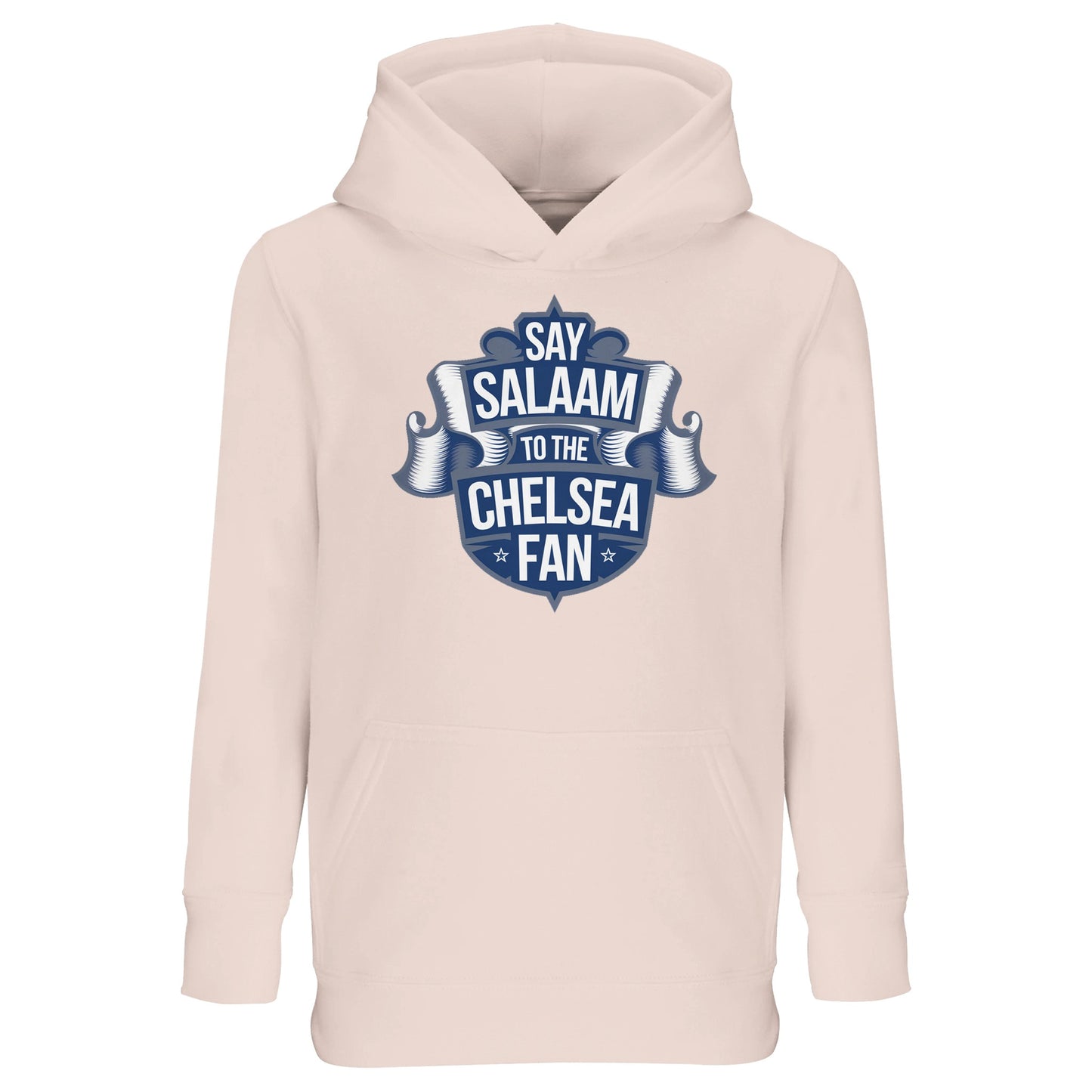 Say Salaam to the Chelsea Fan Design #6 Part-Recycled Cotton-Poly Kids Hoodie – Creamy Pink / Oyster Pink featuring a navy ribbon-style Chelsea graphic. A modest football hooded jumper for girls, boys or unisex fans who follow Chelsea FC with colour and character. From school-day fits to match replays, this stylish soft cotton-poly top with hood brings halal pride to every little Blue supporter since 1905. Fair priced, sustainable, graphic and stadium-ready – but without the badge or Megastore markup.