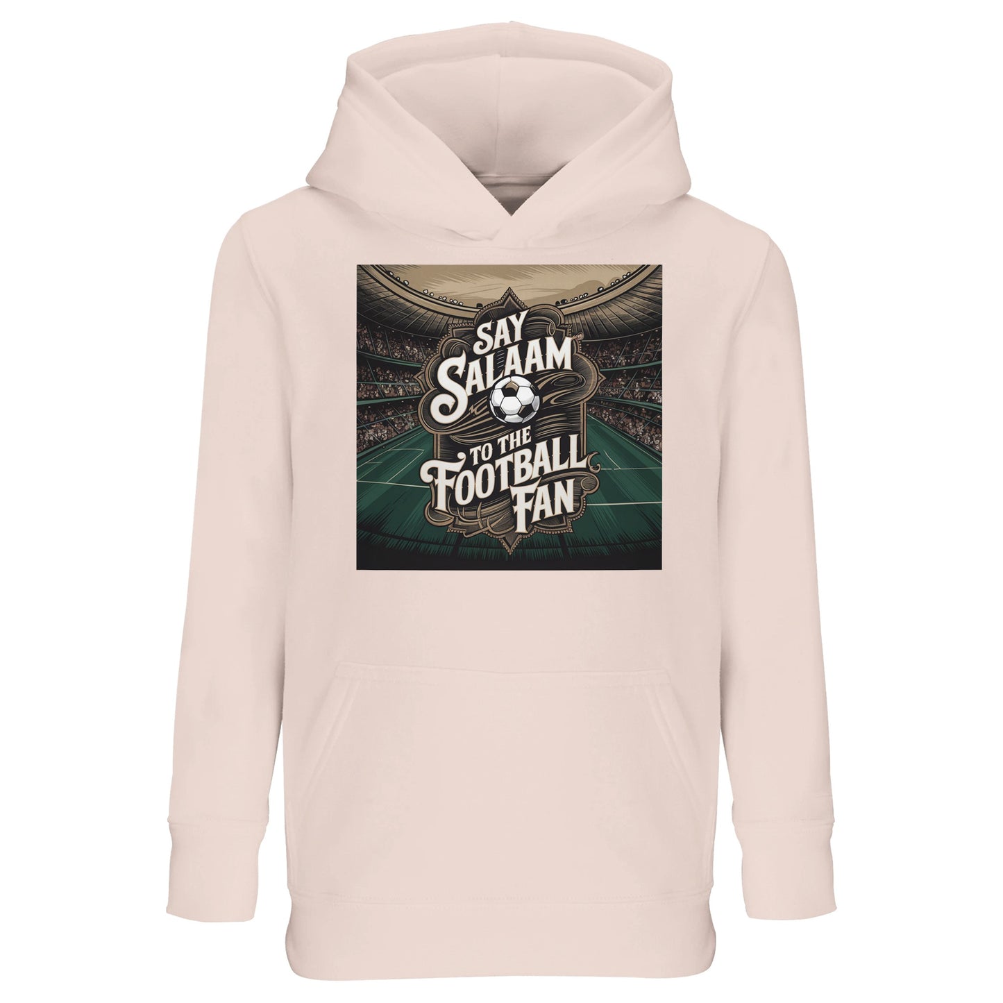 Say Salaam to the Football Fan Design #10 kids hoodie in creamy pink, made from soft cotton-poly fleece with a detailed football stadium graphic. A stylish yet affordable Muslim kids hoodie for three-year-olds, four-year-olds, five-year-olds, six-year-olds, to sixteen-year-olds, ideal for saying Salaam in style while supporting clubs and FC teams. Designed for everyday outfits, gifting, school wear and casual football days, it blends comfort, faith, family values and modern soccer-inspired fashion.