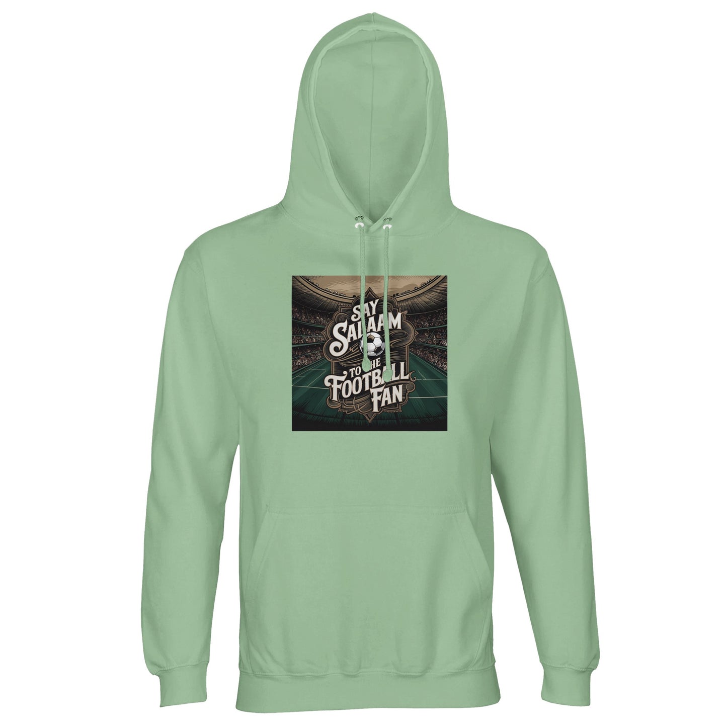 Say Salaam to the Football Fan Design #10 Part-Recycled Unisex Cotton-Poly Hoodie – Frozen Green / Opal with match-light artwork framing clean football text. A modest unisex brushed-fleece soccer hoodie for fans searching for Premier League hoodies, football gifts, team clothing and the best price on fanwear. Supporters track fixtures, goals, highlight clips, tables and club updates. Not the replica kit — this warm hoodie suits stadium matches, ticket nights, five-a-side and football culture every day.