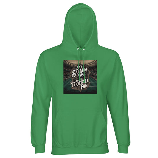 Say Salaam to the Football Fan Design #10 Part-Recycled Unisex Cotton-Poly Hoodie – Spring Green / Sea Green with a hand-drawn stadium illustration and classic soccer crest. Built for vintage England supporters and retro Premier League collectors who keep old match tickets in their kitbag. Not the Nike or Adidas replica – this eco-friendly brushed-fleece hoodie is modest, unisex and full of nostalgia. A soft terrace staple for real fans who love classic goals, stoppage-time drama and Saturday floodlights.