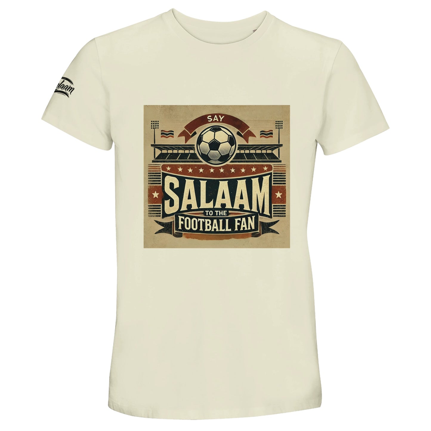 Say Salaam to the Football Fan Design #11 50% Recycled Unisex Cotton T-Shirt – Natural / Satin Linen featuring vintage matchday artwork in muted tan, black, and red tones with a stadium scene, bold ‘Salaam’ lettering, flags, and a matchball. A football t-shirt for lovers of streaming, score-checking, and summer football culture – whether you're into the UCL, EPL or Saudi League. Graphic tee, sustainable menswear, unisex streetwear, football top for post-match debates and fan content creators.