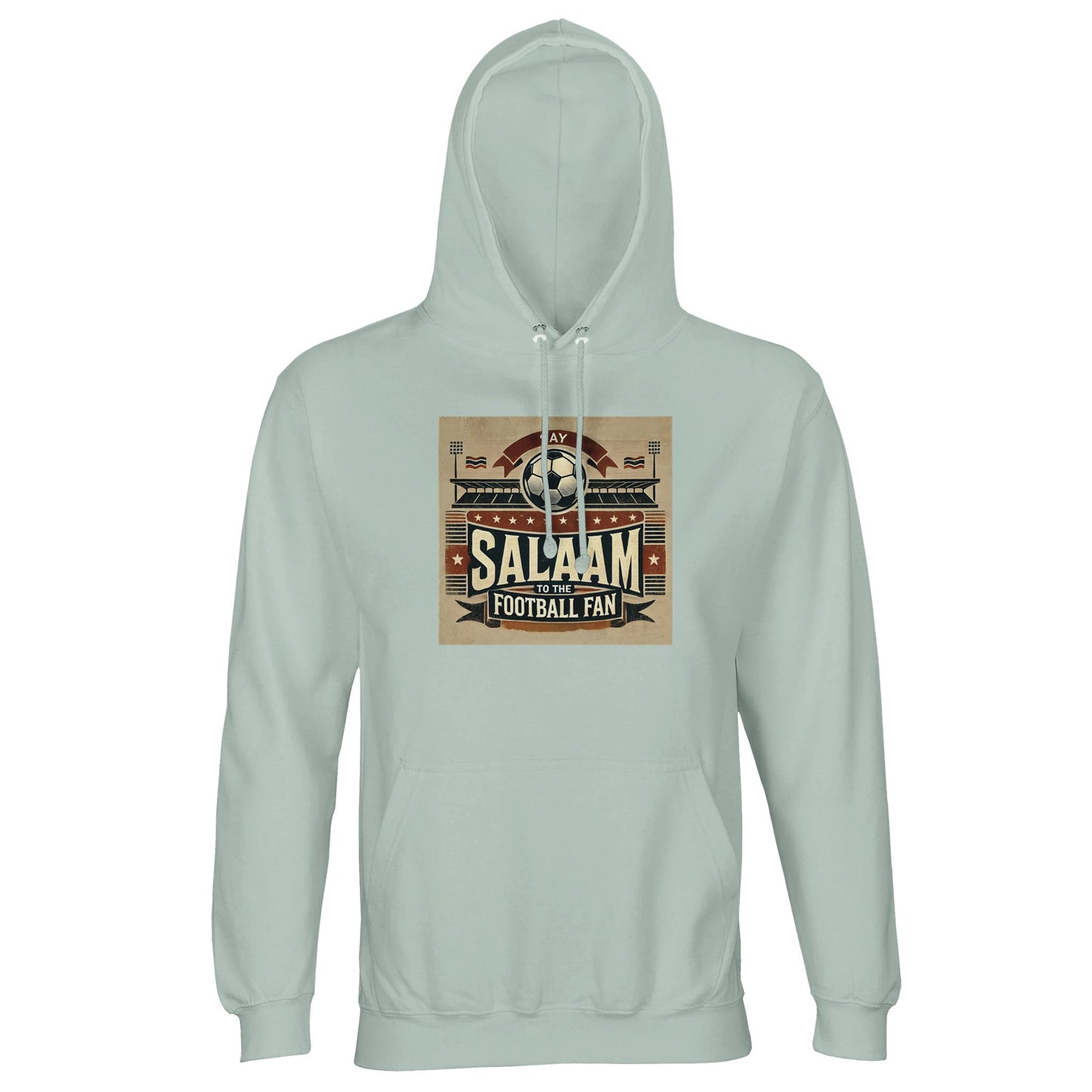 Say Salaam to the Football Fan Design #11 Part-Recycled Unisex Cotton-Poly Hoodie – Creamy Green / Greenish Grey featuring vintage matchday artwork in muted tan, black, and red tones with a stadium scene, bold ‘Salaam’ lettering, flags, and a matchball. A classic pullover hoodie for true supporters who track Premier League tables, Champions League goals, and Saudi Pro League transfers. Modest streetwear meets football fan gear – the sweatshirt for streaming matches or catching them live.