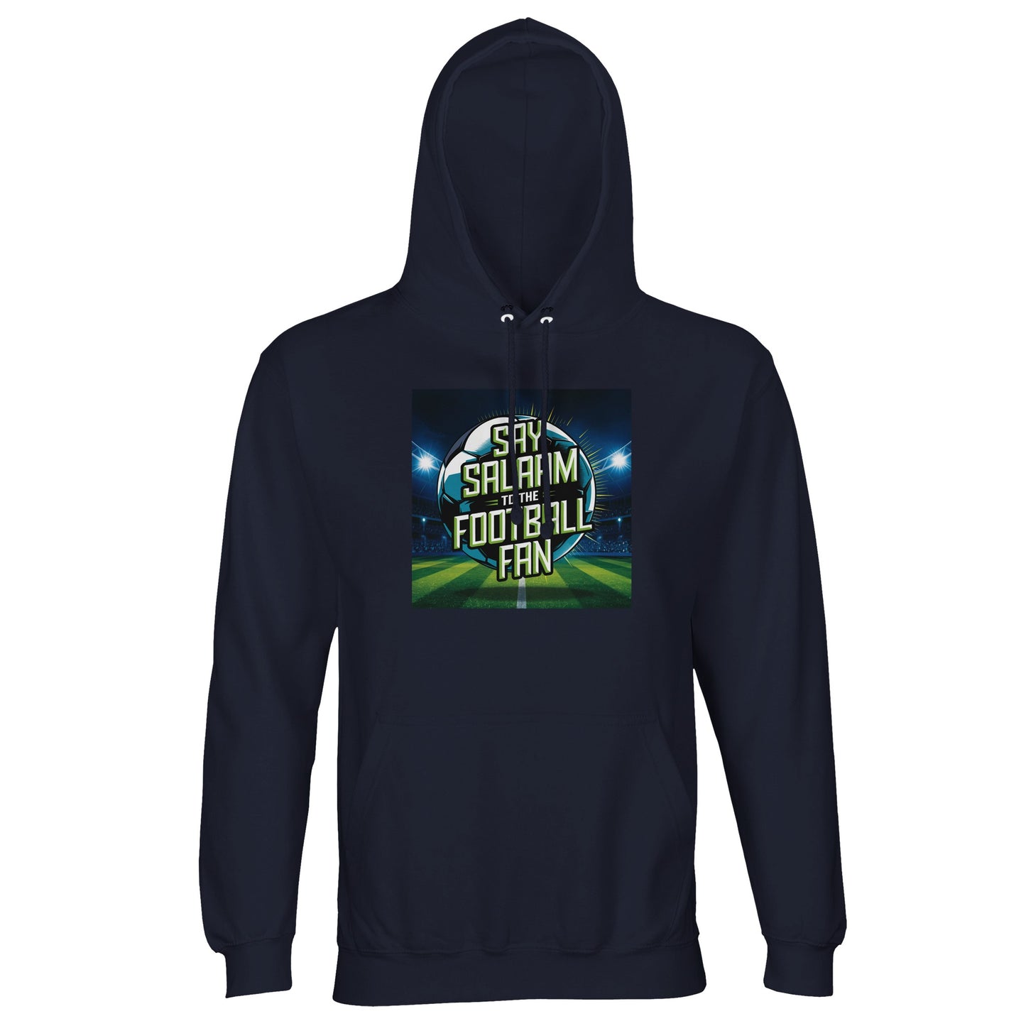 French Navy / Ebony Clay Say Salaam to the Football Fan Design #2 hoodie set on a dark navy base that sharpens the contrast of the illuminated football print and Salaam lettering. The colour keeps the design clean, timeless, and easy to pair with other clothing. Made at a good price using durable cotton and recycled polyester fleece, this sweatshirt with a hood fits modest wear needs, Muslim clothing collections, Islamic casualwear, and football fan essentials. This is what Muslims wear.