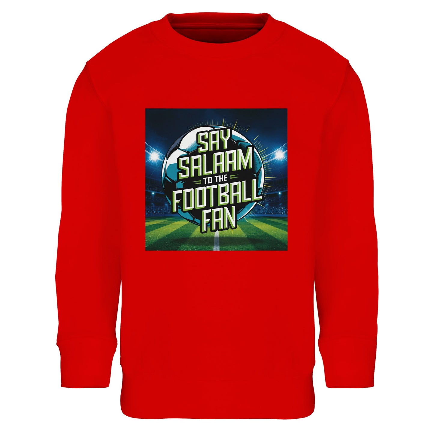 Bright Red / Rosso Corsa Say Salaam to the Football Fan Design #2 kids sweatshirt showcasing a striking red colourway paired with a night-match football print and bold Salaam typography. Designed for confident young Muslim fans, this sweatshirt connects modest wear with expressive football style, suitable for Islamic clothing collections, everyday play, school wear, and showing pride in both faith and sporting allegiance.