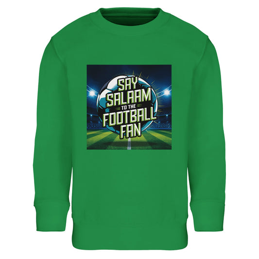 Kelly Green / Spring Green / Sea Green / Eucalyptus Say Salaam to the Football Fan Design #2 kids sweatshirt inspired by classic pitch-side colours, featuring a stadium football graphic bursting with matchday energy and Salaam lettering at the centre. Designed for Muslim children immersed in football culture, this modest apparel piece connects Islamic shop style with sport, movement, and youthful excitement, ideal for play, travel, and community gatherings.