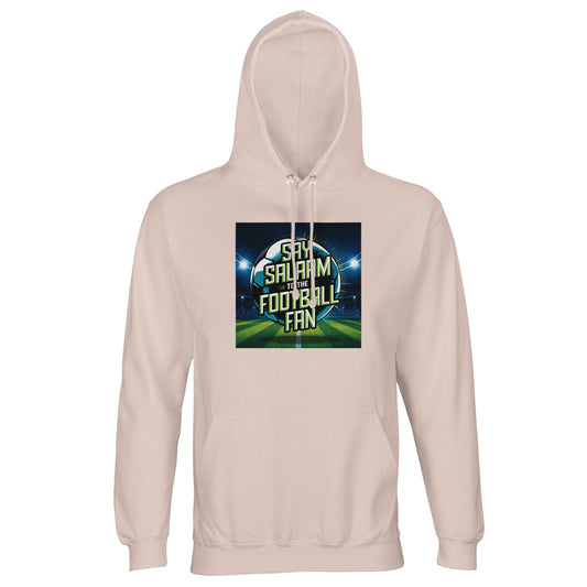 Creamy Pink / Oyster Pink Say Salaam to the Football Fan Design #2 unisex light hoodie using a soft pastel base that contrasts gently with the dramatic football stadium artwork and Salaam typography. The design feels expressive without being loud, making it suitable for modest apparel collections. Offered as affordable Muslim clothing, this hoodie fits naturally into Islamic shop line-ups focused on comfort, identity, and everyday football culture.