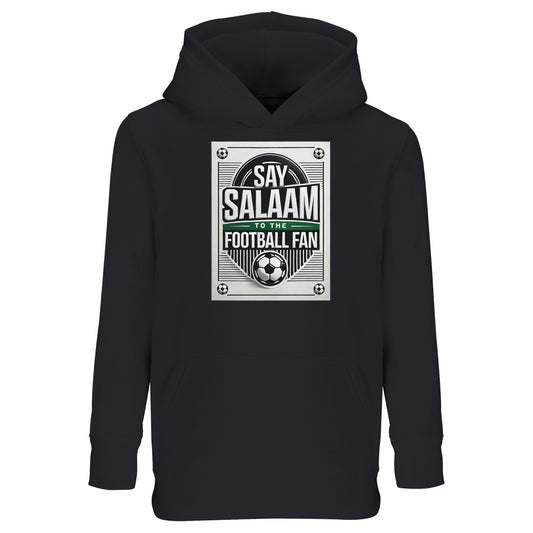 Deep Black / Zeus Say Salaam to the Football Fan Design #3 kids hoodie built around a dark base that makes the white football badge and Salaam lettering stand out sharply. The high-contrast design highlights the retro layout, football icon, and Islamic greeting clearly. Made from a cotton and recycled polyester blend with brushed fleece interior, this hooded top offers warmth, resilience, and strong value for money. A practical choice for young Muslim football fans who prefer classic, everyday colours.