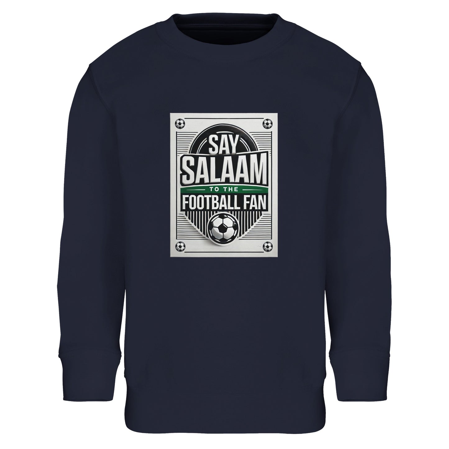French Navy / Ebony Clay Say Salaam to the Football Fan Design #3 kids sweatshirt set on a deep navy base that enhances the contrast of the football poster graphic and Islamic Salaam message. The design references classic football aesthetics with a structured layout and central emblem. Made from a cotton and recycled polyester blend with a cosy fleece interior, this cheap children’s sweatshirt offers strong value and durability for Muslim families seeking modest apparel rooted in football identity.