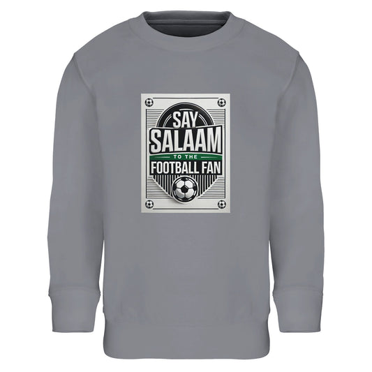 Grey Melange / Heather Grey / Marl Grey / Classic Athletic Grey Blend Say Salaam to the Football Fan Design #3 kids sweatshirt using a neutral athletic tone that complements the retro football print and Salaam typography. The layered graphic design echoes traditional match graphics while remaining modern and wearable. Soft brushed fleece lining adds warmth without bulk, making this a well-priced option for Muslim clothing ranges, modest wear wardrobes, and Islamic shop selections for young supporters.