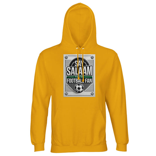 Gold / Gamboge Say Salaam to the Football Fan Design #3 light hoodie using a warm standout tone that lifts the retro football artwork and Salaam lettering. The rich golden shade adds personality while remaining wearable across casual settings. Crafted from a cotton and recycled polyester blend with brushed fleece interior, it balances softness, structure, and value. Designed for football fans shaped by Muslim identity and Islamic values, blending bold colour with faith-led supporter culture.