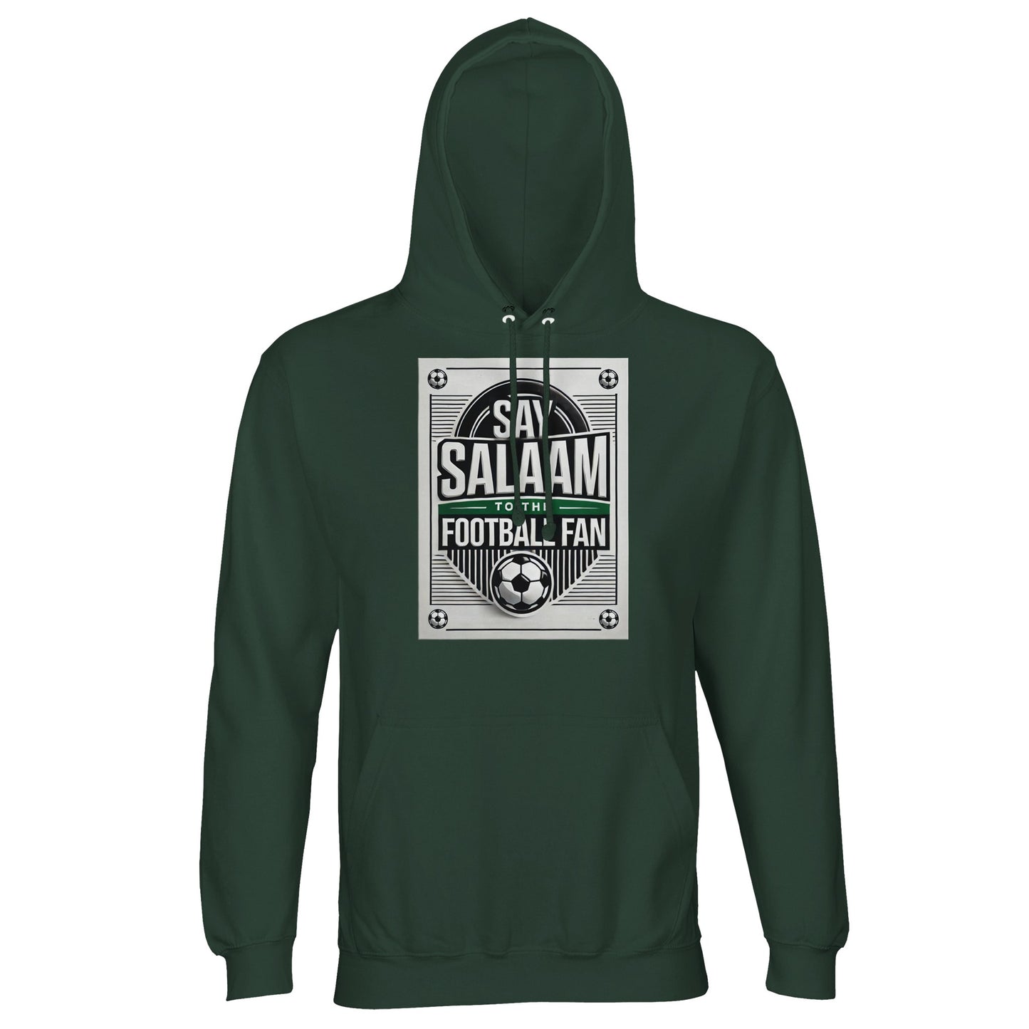 Bottle Green / Outer Space Say Salaam to the Football Fan Design #3 unisex hoodie featuring a deep green shade that reinforces the vintage football aesthetic of the printed design. The darker tone frames the Salaam text and football symbols clearly. Crafted from a cotton and recycled polyester blend with brushed fleece lining, this adult sweatshirt with a hood offers dependable warmth at a wallet-friendly price. Ideal for football supporters grounded in Muslim culture and Islamic values.