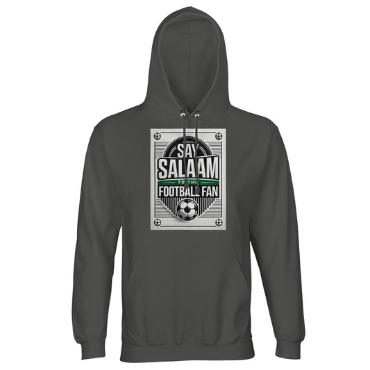 Charcoal Melange / Black Cow Say Salaam to the Football Fan Design #3 unisex hoodie presenting a textured dark base that enhances the contrast of the football artwork and Salaam lettering. The melange finish adds depth while keeping the design understated. Made using an affordable cotton and recycled polyester blend with brushed fleece lining, it delivers comfort, warmth, and durability. A versatile option for football fans linking sport with Muslim and Islamic expression.