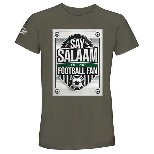 Army / Fuscous Grey Say Salaam to the Football Fan Design #3 unisex t-shirt using an earthy green tone that grounds the retro football graphic, structured border design, balanced typography, and Islamic Salaam message. Crafted from a recycled cotton blend, it delivers everyday comfort at an accessible price. A practical addition to modest apparel and clothes Muslims wear, well suited to casual football culture, daily outfits, and relaxed Islamic streetwear.