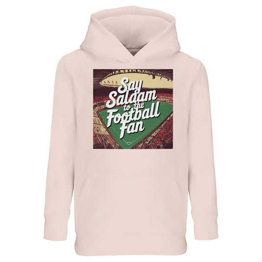 Creamy Pink / Oyster Pink Say Salaam to the Football Fan Design #4 kids hoodie combining a soft pastel tone with a bold football graphic and Islamic greeting text. The muted pink shade offers a gentle alternative to darker colours while keeping the design expressive and visible. Crafted from a cotton and recycled polyester blend with brushed fleece lining, it delivers warmth and durability. Designed for young soccer fans who enjoy lighter colours while connecting sport with Muslim and Islamic identity.
