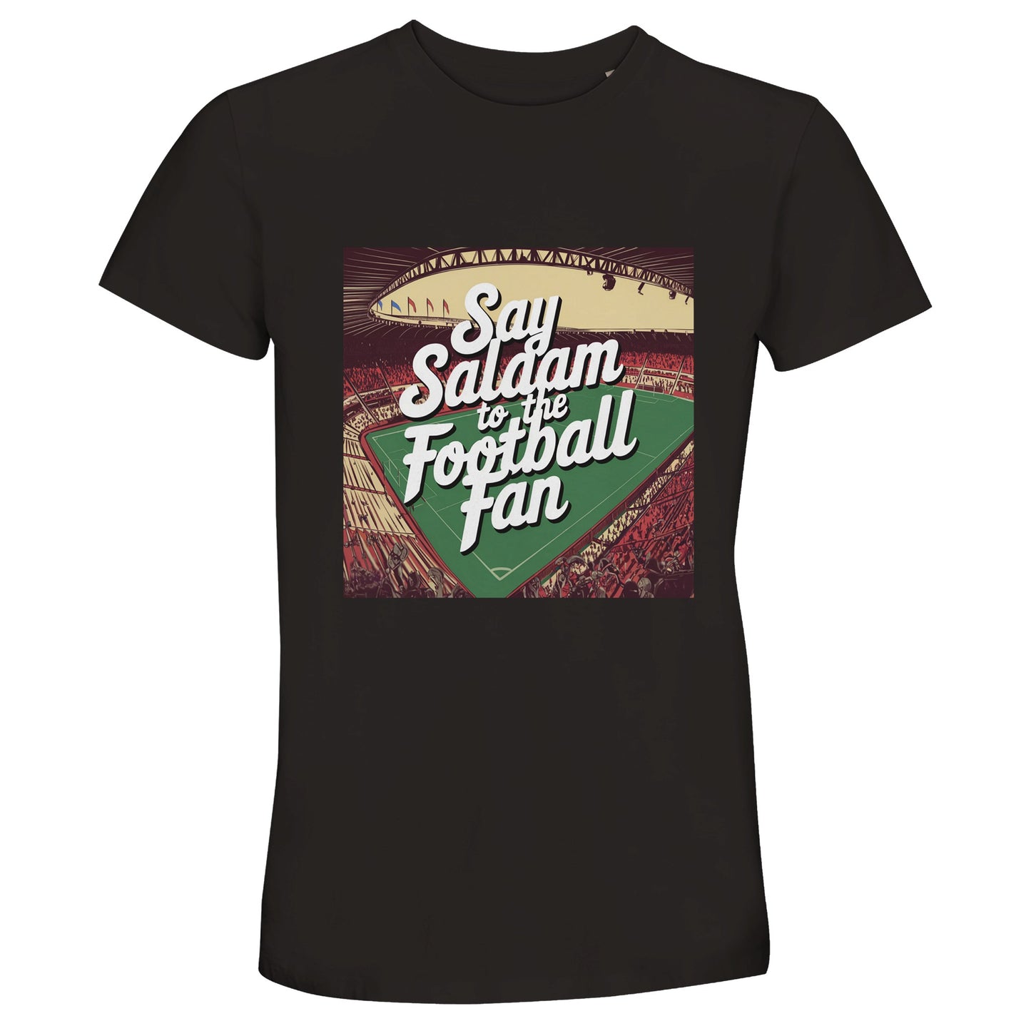 Deep Black Say Salaam to the Football Fan Design #4 recycled cotton T-shirt featuring a bold retro football design with contrasting lettering, pitch markings, and graphic poster details. The dark base intensifies the colours of the print, giving the artwork a sharper, more dramatic presence. Made from a recycled cotton blend, this short-sleeve T-shirt is comfortable, breathable, and easy to style. Suited to footie fans in darker tones, it blends streetwear appeal with Islamic greeting + match-day attitude.