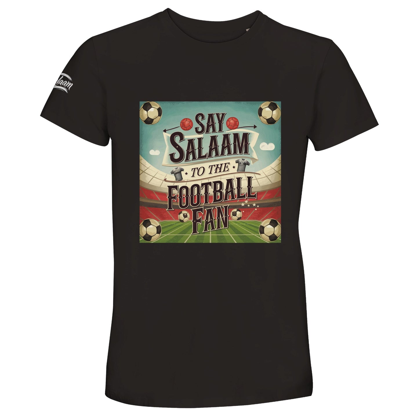 Say Salaam to the Football Fan Design #5 50% Recycled Unisex Cotton T-Shirt – Deep Black / Zeus featuring retro football graphics, black-and-white match balls, classic player shirts, a big pitch and stadium in a square design. This soft recycled cotton tee is ideal for men and women who stream football games, collect retro shirts, or follow players from Premier League to World Cup. A vintage-style football top for fans tracking stats, scores, and game podcasts between salah and second-half drama.
