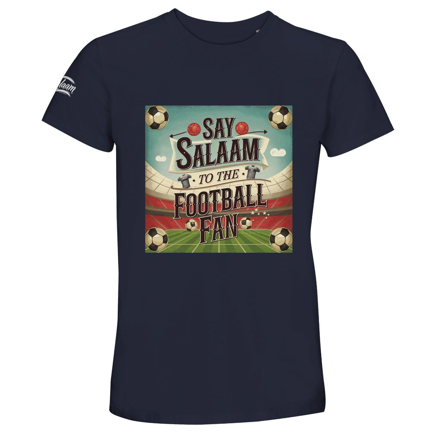 Say Salaam to the Football Fan Design #5 50% Recycled Unisex Cotton T-Shirt – French Navy / Ebony Clay featuring vintage football balls, classic player tops, retro lettering, a bold pitch and stadium scene in square format. This soft cotton tee is built for streaming derby matches, tracking scores, or following stats and highlights during international competitions. A retro-style top for footie fans collecting shirts and watching or listening to football podcasts between prayer and penalty shootouts.