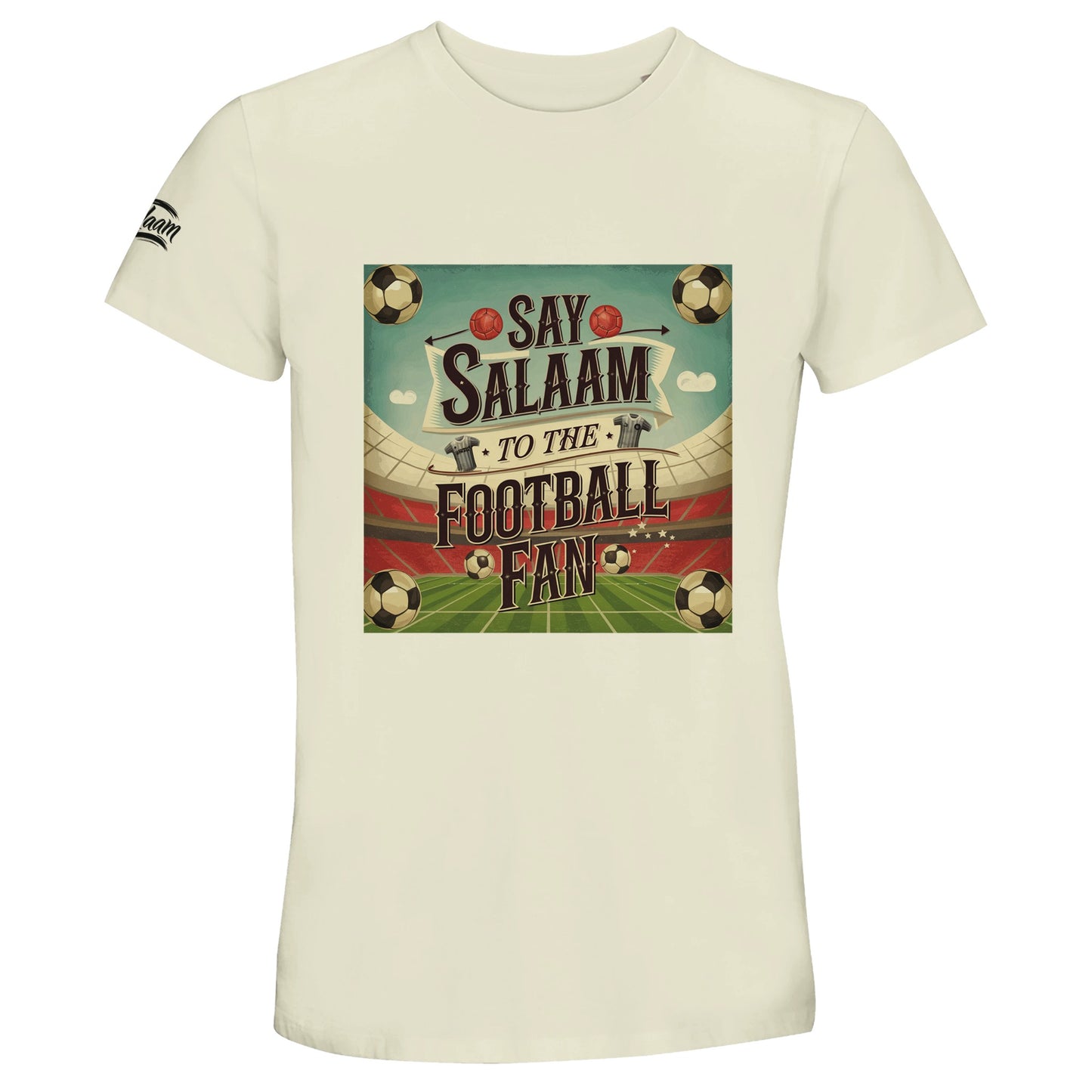 Say Salaam to the Football Fan Design #5 50% Recycled Unisex Cotton T-Shirt – Natural / Moon Mist / Satin Linen / Beige featuring retro football graphics, black-and-white match balls, classic player shirts, a pitch and Wembley stadium in a square design. This soft tee is ideal for men and women who stream football games, collect vintage shirts, or follow the Premier League and World Cup. A retro-inspired football top for footie fans tracking stats, scores, and game podcasts between salah and kick-off.