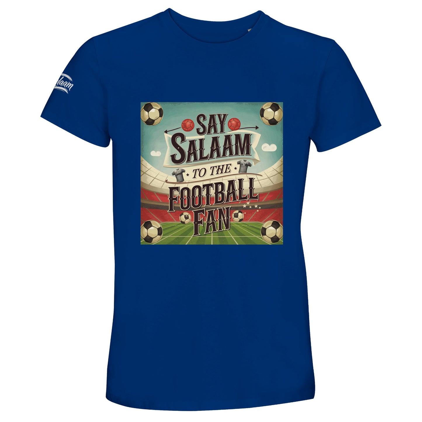 Say Salaam to the Football Fan Design #5 50% Recycled Unisex Cotton T-Shirt – Royal Blue / Dark Midnight Blue featuring retro football graphics, black-and-white match balls, classic player kits, a green pitch, and stadium crowd in a square layout. This soft recycled cotton tee is great for men and women who stream football matches, wear vintage-style shirts, or follow players from non-league and EPL to international level. A retro sports top for fans who check scores, read stats, and listen to podcasts.