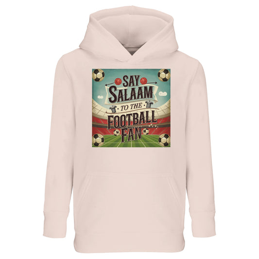 Creamy Pink Say Salaam to the Football Fan Design #5 kids hoodie combining a soft pastel tone with a strong football message. The muted pink shade offers a gentle alternative to darker colours while keeping the design expressive and playful. Made from a cotton and recycled polyester blend, this cheap hoodie delivers warmth, softness, and durability. Ideal for everyday wear, casual outings, and relaxed layering, it suits young Muslim football fans who enjoy lighter colour palettes with an Islamic edge.
