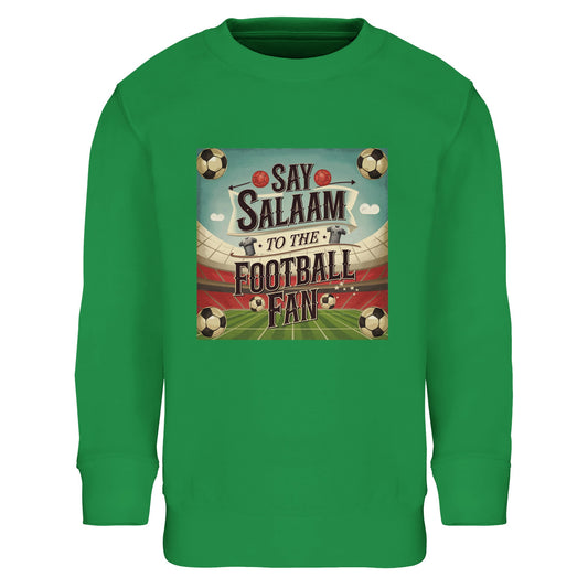Say Salaam to the Football Fan Design #5 kids sweatshirt in Spring Green / Sea Green / Eucalyptus, bringing pitch-side energy and fresh colour to everyday clothing. Made from a cotton-recycled polyester blend, this warm fleece sweatshirt is suited to school days, outdoor play, and match weekends. A well-priced football jumper that celebrates colour, comfort, and durability, ideal for young supporters drawn to green kits, stadium vibes, football heritage, and relaxed sportswear with character.