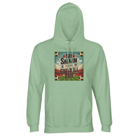 Frozen Green / Opal Say Salaam to the Football Fan Design #5 light hoodie delivers a modern green shade combined with fleece warmth and breathable cotton-poly fabric. Designed for football fans who enjoy contemporary colour palettes, it suits daily Muslim wear, travel, and cooler evenings. The lined hood and clean finish provide comfort and structure, making it a reliable football Islamic wardrobe staple.