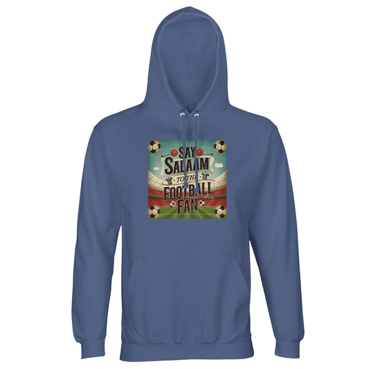 Say Salaam to the Football Fan Design #5 cotton-poly hoodie in Blue / Marble Blue / Blue-Grey / Waikawa Grey, designed around cool stadium tones and classic football aesthetics. The brushed fleece lining adds warmth and comfort, making it suitable for match days, travel, and relaxed daily wear. Easy to style with jeans or joggers, this hoodie works for fans checking fixtures, scores, standings, and club updates throughout the season. Versatile blue football hoodie for adults shopping affordable fanwear.